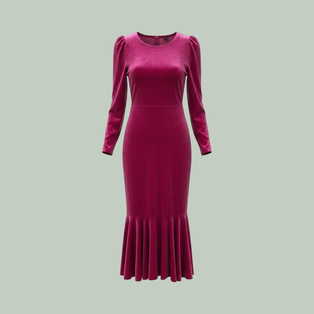 Barbiecore Romantic Puff Sleeve Mermaid Velvet Dress Women L Magenta